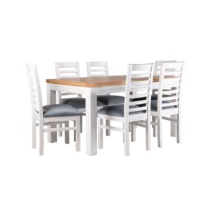 Juego Comedor Castilla - Blanco/Miel - 6 Sillas Tapiz Gris